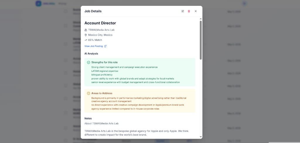 Job details modal with AI match strengths and gaps